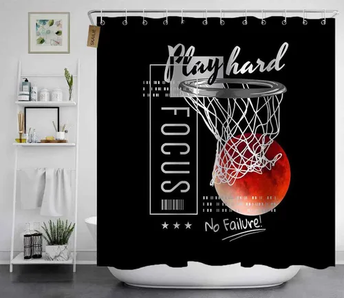 Vista 3 de Juego de 4 cortinas de ducha de baloncesto, citas inspiradoras positivas, decoración de baño deportivo, cortina de ducha negra de tela impermeable