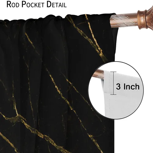 Vista 81 de Cortinas Negras con Dobladillo Dorado, Cortinas Opacas con Bolsillo para Barra con Estampado de Rayas de Foil en Onda Dorada para Decoración de Negro