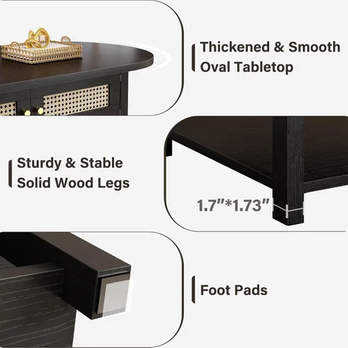 Vista 6 de LVB - Mesa de café de ratán, mesa de sala de estilo boho con almacenamiento, mesa de té de cóctel moderna ovalada de 2 niveles con puertas y estante