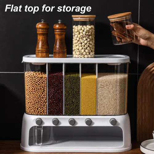 Vista 6 de Yuehuam Dispensador de alimentos secos, 12L montado en la pared, dispensador de granos de 5 rejillas, contenedor de almacenamiento de cereales