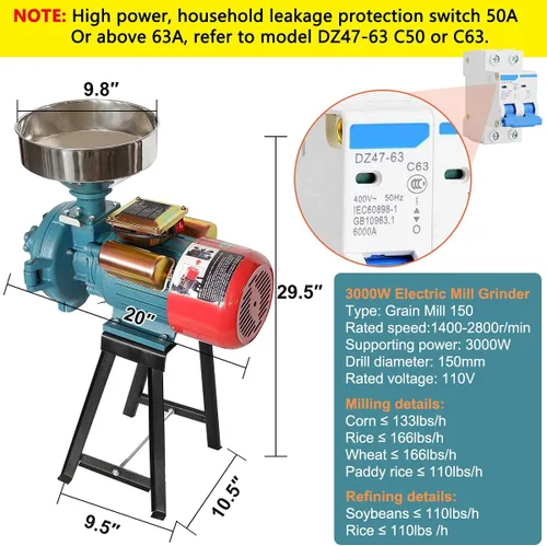 Vista 3 de Molino eléctrico de granos, molino de maíz de 3000 W, 110 V, molino eléctrico, cereales secos, arroz, café, trigo, maíz, molinos con embudo