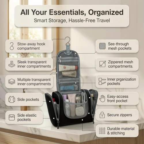 Vista 2 de Bolsa de Aseo de Viaje Bago Bolsa de Aseo Impermeable Colgante Bolsa de Aseo Grande para Baño y Viaje Organizador de Bolsa de Artículos de Tocador