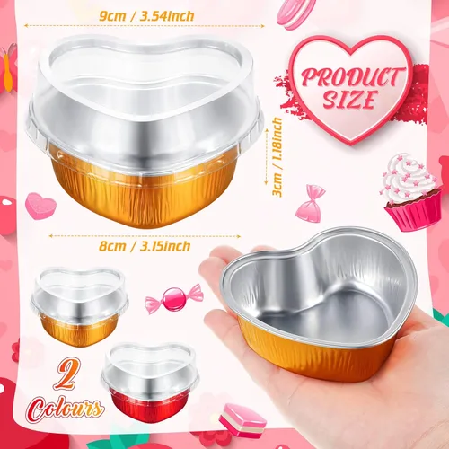Vista 2 de Honeydak 100 juegos de moldes para hornear con forma de corazón, mini molde de aluminio de 3.4 onzas, lata desechable para cupcakes con tapas