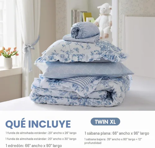 Vista 6 de Madison Park Essentials Blue Floral Comforter Set with Sheets Twin XL,5pc Azul
