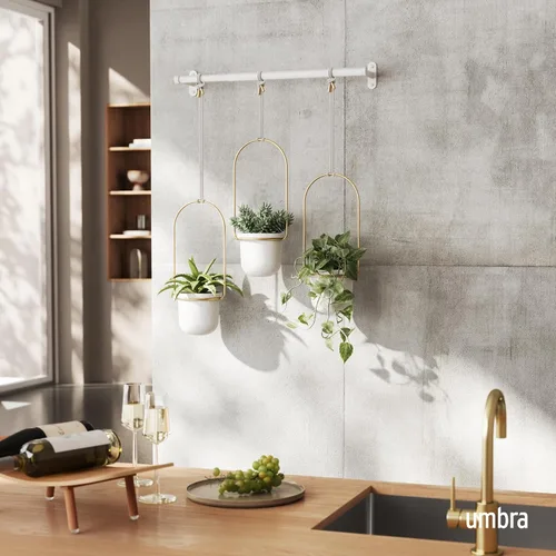 Vista 2 de Umbra Triflora - Maceta colgante para ventana, jardín de hierbas de interior, juego de 3, color blanco/latón