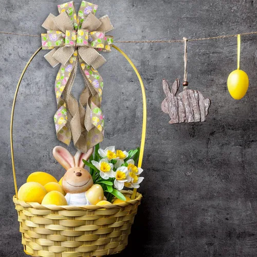 Vista 7 de Estivaux Arcos grandes de corona de Pascua para puerta delantera, lazos de arpillera de lino, lazo de huevos de Pascua, lazos de decoración de árbol