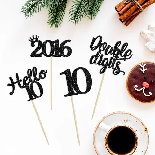 Vista 3 de Gyufise Paquete de 24 adornos negros para cupcakes de 10.º cumpleaños con purpurina negra 10 Ten Hello 10 Dights dobles desde 2015 para decoraciones
