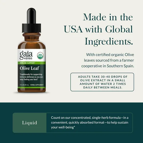 Vista 4 de Gaia Herbs - Suplemento de hierbas de apoyo inmunológico con extracto de hoja de olivo, certificado orgánico, 1 onza líquida (23 porciones)