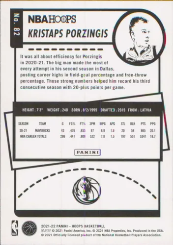 Vista 2 de 2021-22 NBA Hoops #82 Kristaps Porzingis Dallas Mavericks Official Panini Basketball Card