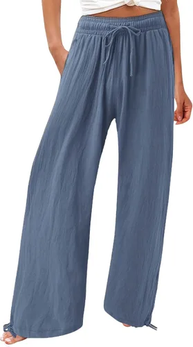 Vista 10 de SHAOBGE Pantalones palazzo de verano para mujer, cintura alta, pierna ancha, casual, cintura elástica, pantalones de playa con bolsillos