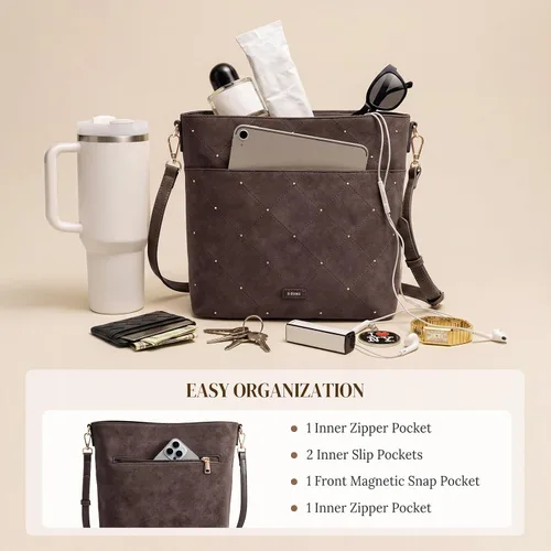 Vista 5 de S-ZONE Monederos de gamuza sintética para mujer, bolso tipo cubo, bolsa Café