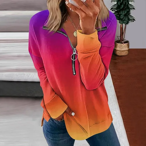 Vista 3 de FlekmanArt Sudaderas de manga larga con estampado de media cremallera para mujer, ajuste holgado, manga larga, ropa cómoda y elegante