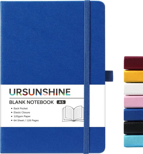 Vista 36 de Cuaderno punteado, diario, 5.3 x 8.26 pulgadas, tapa dura, prémium, papel grueso, doble espiral, bandas, cuero negro sintético, lazo para bolígrafo