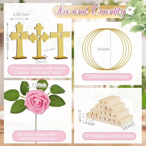 Vista 2 de Wesiti 48 piezas Centro de mesa para bautizo, decoración de mesa para primera comunión, 12 cruces de madera, 12 aros florales con soporte, 24 rosas