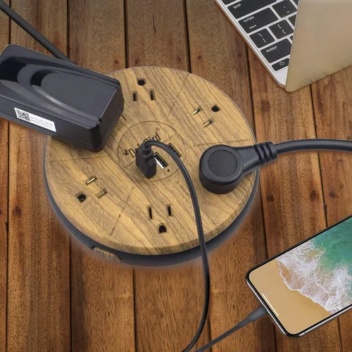 Vista 8 de Regleta protectora contra sobretensiones, 6 salidas de CA con 3 puertos USB, estación de carga, cable de extensión largo, enchufe plano de ángulo