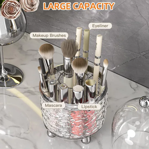 Vista 3 de Soporte para brochas de maquillaje con tapa, soporte giratorio de 360° para tocador, organizador de brochas de maquillaje giratorio a prueba
