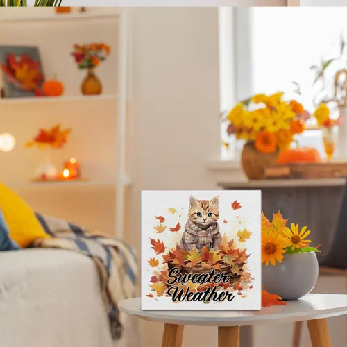 Vista 6 de Decoración de otoño para el hogar, decoración de otoño, suéter de madera, letrero de madera de arce y gato, decoración interior para escritorio