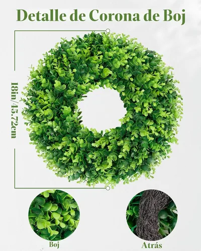 Vista 2 de DDHS Corona de boj de 18 pulgadas para puerta principal – Corona artificial verde de casa de campo, decoración DIY para primavera, verano, otoño e