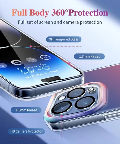 Vista 4 de CAPRARO Funda compatible con el teléfono 15 Pro, funda mate translúcida iridiscente fluorescente, 2 protectores de pantalla + 2 protectores
