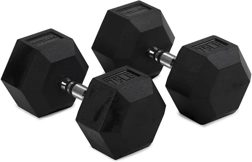 Vista 13 de Titan Fitness Pair Rubber Coated Hex Dumbbells, Roll-Resistant Hexagonal Free Weights, Chrome-Coated Handles with Knurling, Strength Training