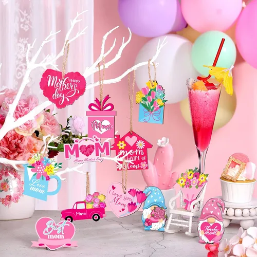 Vista 3 de Patelai 36 Piezas Adornos del Día de la Madre para Árbol Gnomo Rosa Floral Flores Mejor Mamá Amo a Mamá Letrero de Madera Decoraciones de Árbol