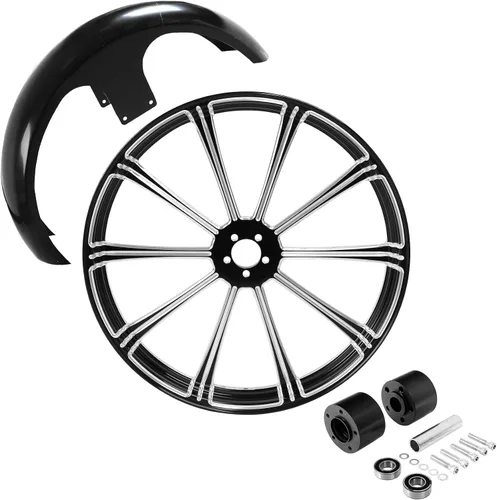 Vista 40 de TCMT Llanta de rueda delantera de 21", buje de rueda de brida de doble disco con guardabarros delantero negro sin pintar, compatible con modelos