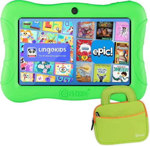 Vista 12 de Contixo 7 Kids Tablet V9 - Paquete de tableta Android y funda con más de 50 libros de cuentos y calcomanías de Disney (valor de $200), 32GB, cámaras