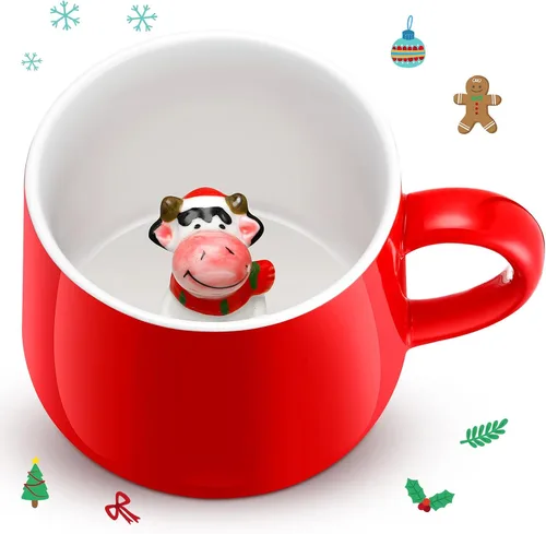 Vista 7 de Sliner Divertidas tazas de Navidad en 3D con animal en el interior, 13.5 onzas, hechas a mano, taza de café de cerámica, bonita figura de dibujos