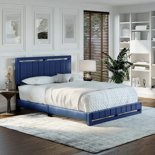 Vista 20 de Beaumont - Cama de plataforma tapizada con cabecero, base de colchón con 14 soportes de listones de madera, no requiere somier, piel sintética