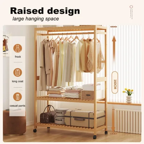 Vista 2 de Bamboo Wardrobe/Clothes Rail/Clothes Rack/Garment Rack,Free Standing Clothes Rail with Wheels,Open Wardrobe with Shelves,for Entryway Living Room