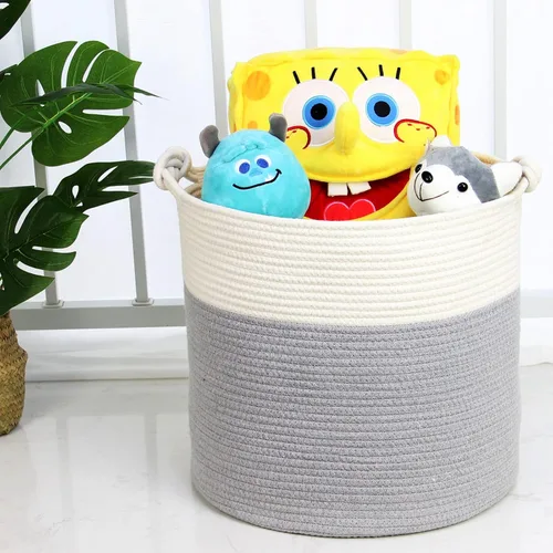 Vista 9 de Casaphoria Cesta de cuerda de algodón tejida con asa para dormitorio, cesta de almacenamiento redonda para baño, canasta grande para manta para sala
