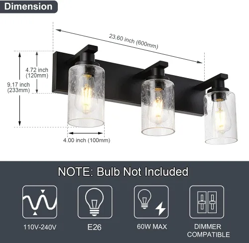 Vista 4 de Luces de tocador de baño de 3 luces sobre espejo en acabado negro, iluminación de pared de baño con vidrio cilíndrico sembrado