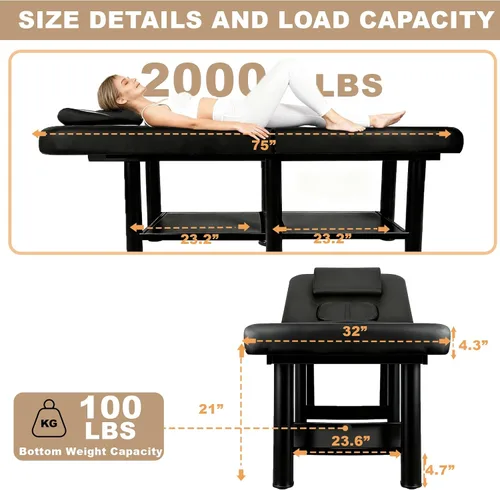 Vista 2 de Mesa de masaje estacionaria de 32 pulgadas de ancho, cama de masaje resistente de 2000 libras, cama de pestañas con respaldo ajustable, cama de spa