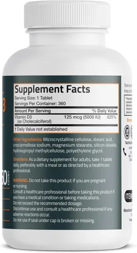 Vista 2 de Bronson Vitamina D3 5000iu (125mcg) Suministro de 1 año para una función muscular saludable y apoyo inmunológico, sin OMG, 360 tabletas