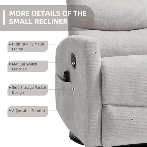 Vista 4 de Silla reclinable giratoria de 360° con masaje y calor, respaldo alto con relleno, silla mecedora tapizada para cuarto de bebé, sala de estar