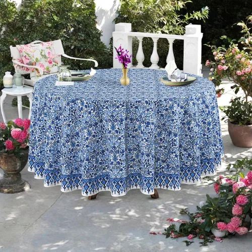 Vista 26 de Mantel redondo con estampado de bloque a mano, 100% algodón, reutilizable, color verde espárragos, 60 pulgadas, mantel decorativo para uso diario