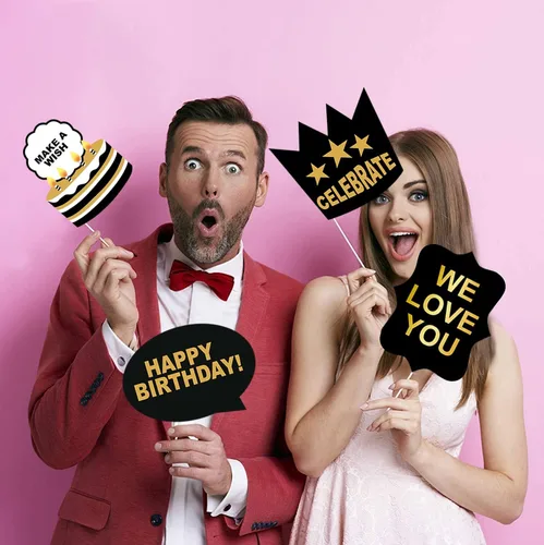 Vista 6 de Juego de 29 piezas de accesorios para cabina de fotos de cumpleaños con divertida corona, sombreros, barba y cara feliz, bigote para niños, cabina