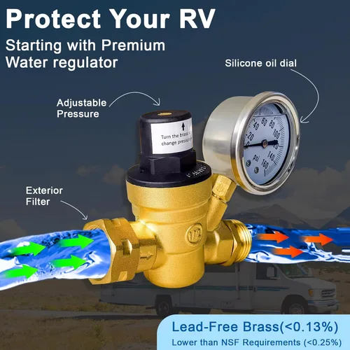 Vista 5 de Kit de Regulador de Presión de Agua para RV, con Filtro de Agua en Línea, Accesorios de Latón Sin Plomo, Kit de Reparación de Fugas y Maleta Todo