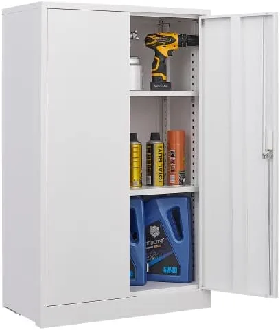 Vista 5 de Armario de almacenamiento de metal con puertas y 3 estantes, armario de garaje de acero con cerradura de espacio grande de 42 pulgadas