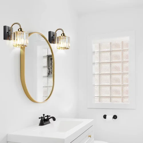 Vista 8 de Luz de tocador de baño dorada - Accesorio de luz de baño de cristal sobre espejo