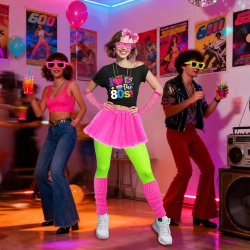 Vista 5 de Conjunto para mujer de camiseta, pantalones cortos, falda tutú, calentadores de piernas para fiesta Neno o accesorio de disfraz de los años 80