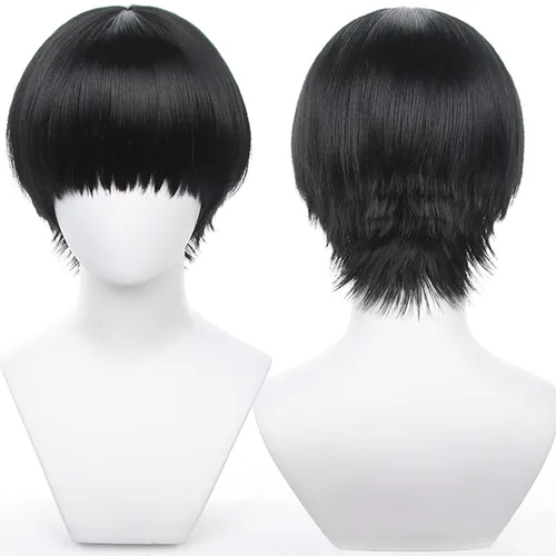 Vista 21 de Pelucas de anime verde oscuro para hombre, peluca corta y recta con flequillo para mujer, peluca COS para Halloween, Navidad, cómic, transmisión