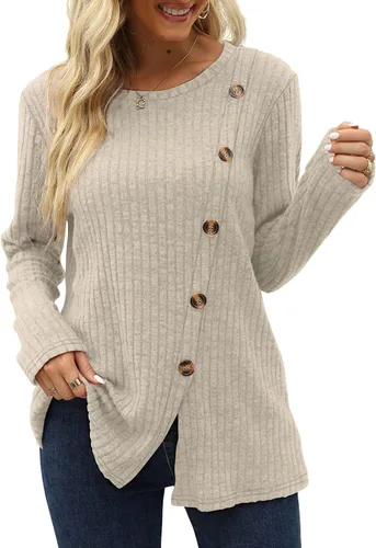 Vista 2 de OFEEFAN Blusa tipo túnica de manga larga para mujer, cuello redondo, botones laterales divididos