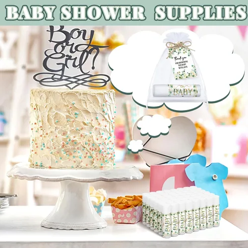 Vista 5 de Dunzy Paquete de 50 regalos de fiesta de baby shower, bálsamos labiales a granel para invitados, niños y niñas, juegos neutros de revelación