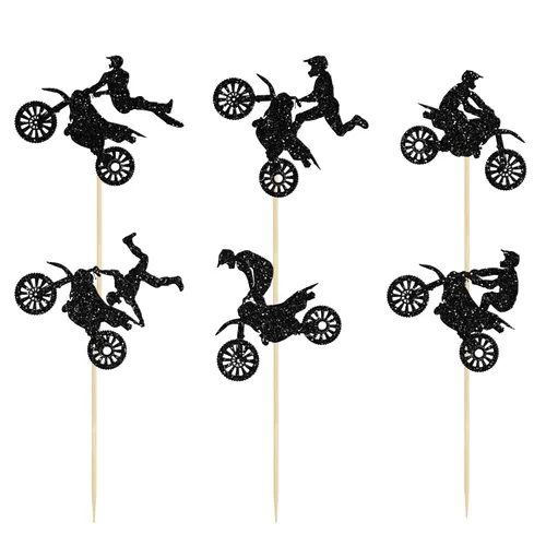 Vista 3 de Gyufise 24 piezas de adornos para cupcakes de motocicleta con purpurina negra para motocross, fiesta de motocross, para deportes, tema de motocross