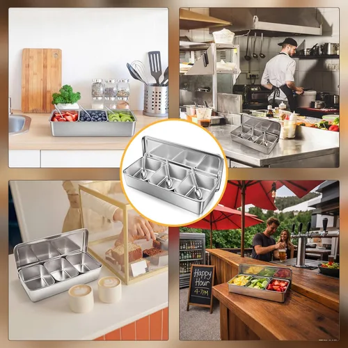 Vista 4 de Yakumi Pan & Masala Dabba, caja de condimentos de acero inoxidable 304 con 3 compartimentos, contenedor de condimentos con tapa y cucharas