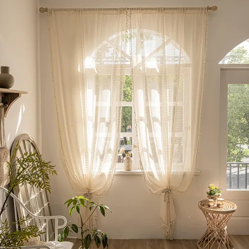 Vista 7 de Sutuo Home 2 paneles de cortinas bohemias de 63 pulgadas de largo para dormitorio, tratamientos de ventana bohemias de encaje de ganchillo Geometría
