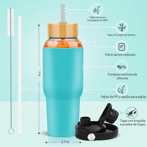 Vista 2 de PROBTTL Botellas de agua de vidrio de 32 onzas, vaso de vidrio de 1 litro, botella de agua de borosilicato con popote, funda de silicona, 2 tapas