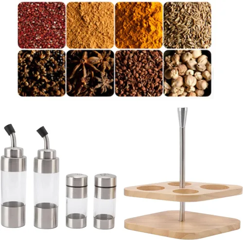 Vista 8 de Cyrank Juego de salero y pimienta, dispensador de aceite de oliva y vinagre con soporte de madera, dispensador de especias de vidrio para el hogar
