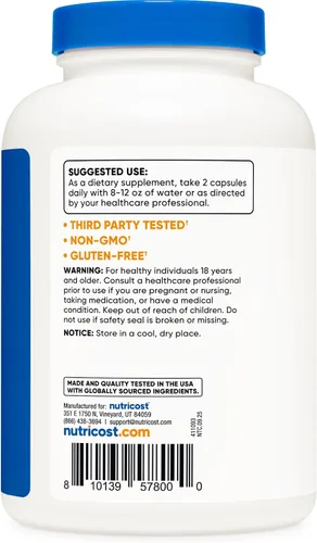 Vista 4 de Nutricost Suplemento de colina e inositol (1,000 mg) 240 cápsulas - 500 mg de colina, 500 mg de inositol, sin OMG, sin gluten, 120 porciones